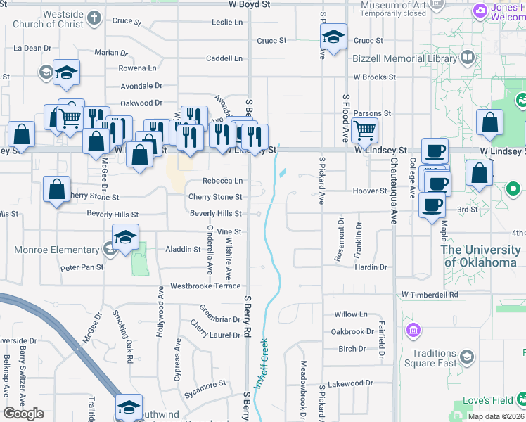 map of restaurants, bars, coffee shops, grocery stores, and more near 1101 Woodrow Court in Norman