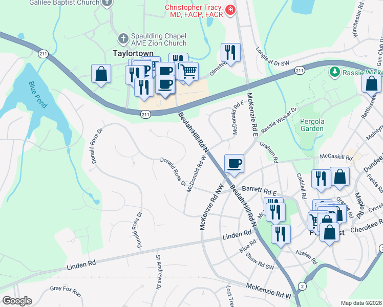 map of restaurants, bars, coffee shops, grocery stores, and more near 25 McDonald Place in Pinehurst