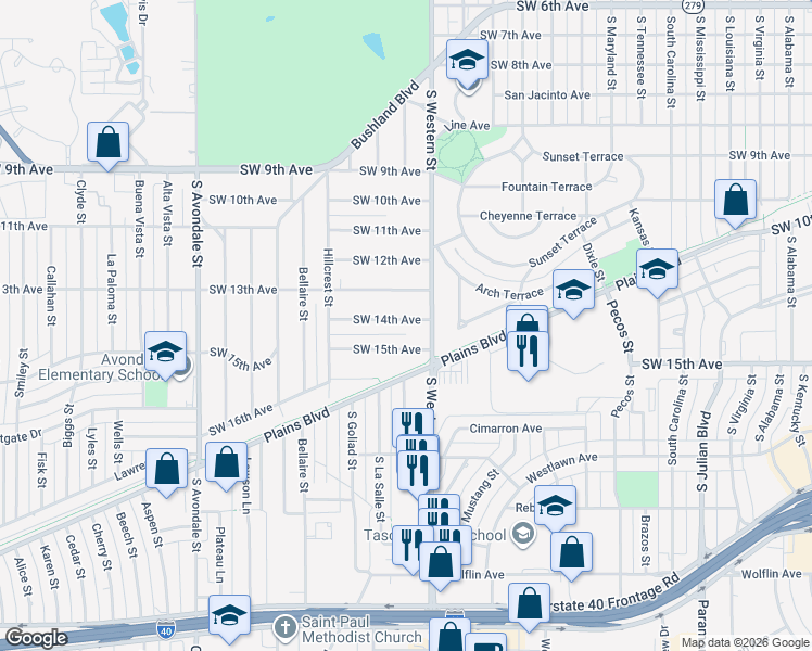 map of restaurants, bars, coffee shops, grocery stores, and more near 4217 Southwest 14th Avenue in Amarillo