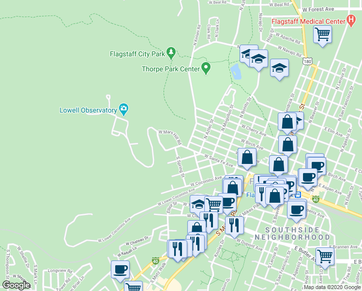 map of restaurants, bars, coffee shops, grocery stores, and more near 1724 West Santa Fe Avenue in Flagstaff
