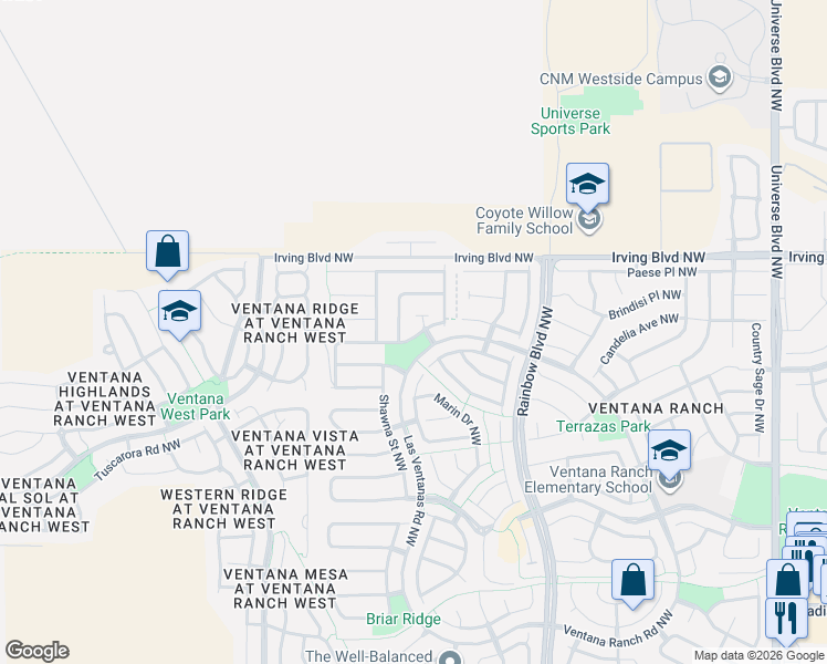 map of restaurants, bars, coffee shops, grocery stores, and more near 99999 Redpoll Road Northwest in Albuquerque