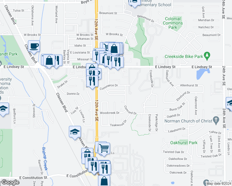 map of restaurants, bars, coffee shops, grocery stores, and more near 1325 Eastgate Drive in Norman