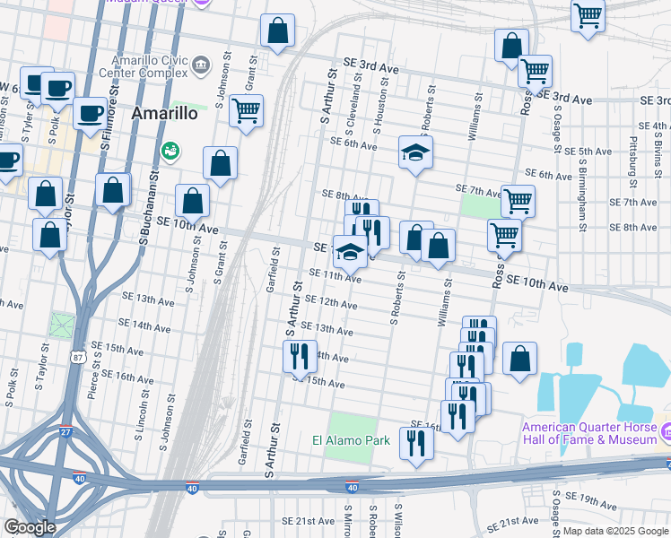 map of restaurants, bars, coffee shops, grocery stores, and more near 1007 South Cleveland Street in Amarillo
