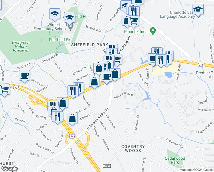 map of restaurants, bars, coffee shops, grocery stores, and more near 3061 North Sharon Amity Road in Charlotte