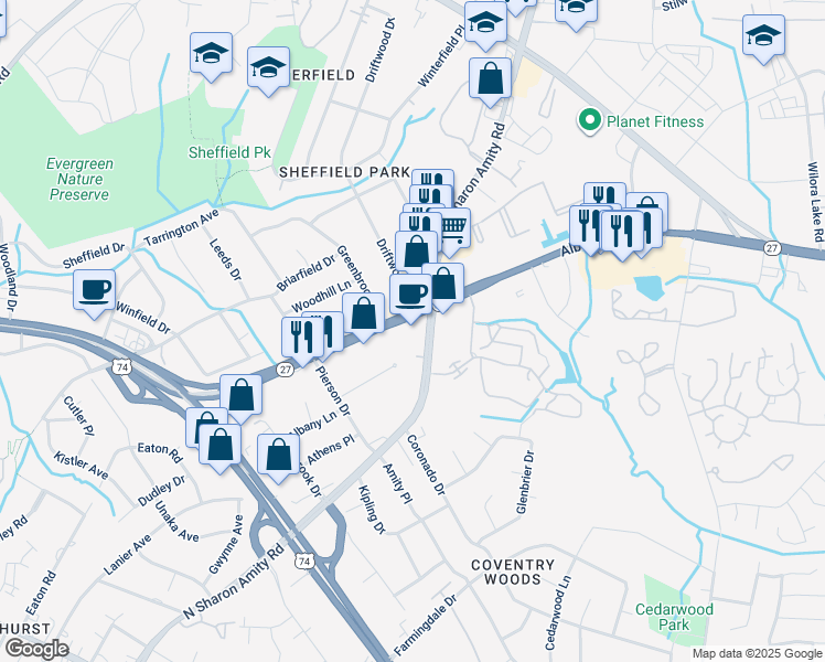 map of restaurants, bars, coffee shops, grocery stores, and more near 3061 North Sharon Amity Road in Charlotte