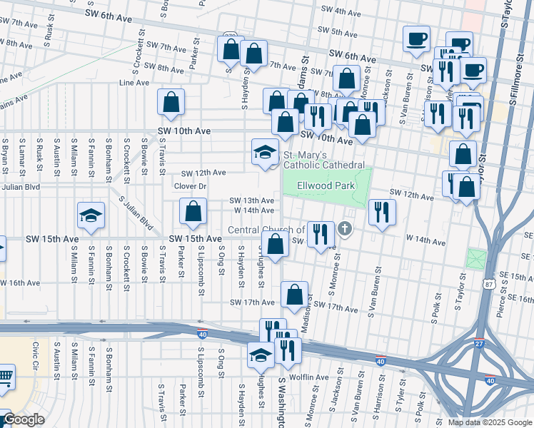 map of restaurants, bars, coffee shops, grocery stores, and more near 1408 South Hughes Street in Amarillo