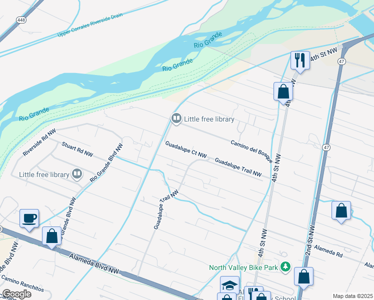 map of restaurants, bars, coffee shops, grocery stores, and more near 10101 Guadalupe Trail Northwest in Albuquerque
