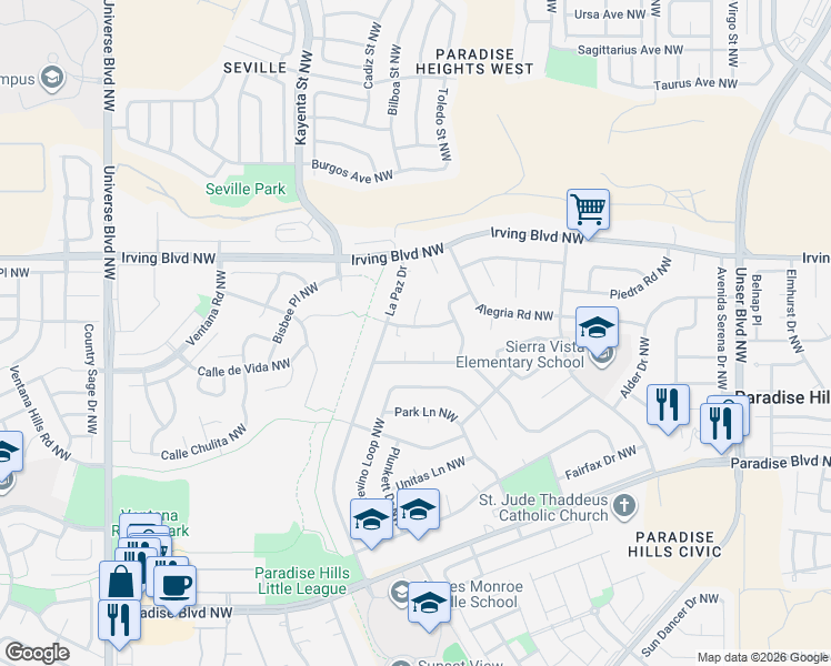 map of restaurants, bars, coffee shops, grocery stores, and more near 5969 Avenida La Barranca Court Northwest in Albuquerque
