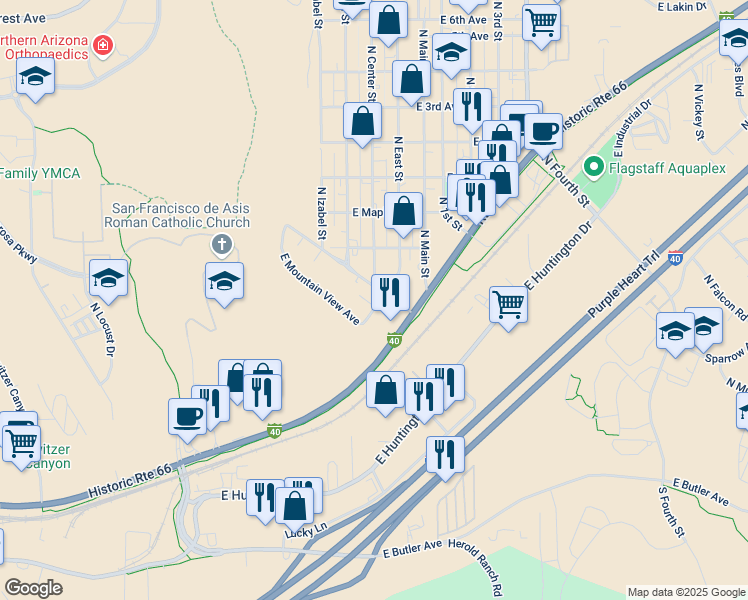map of restaurants, bars, coffee shops, grocery stores, and more near 1965 East Mountain View Avenue in Flagstaff