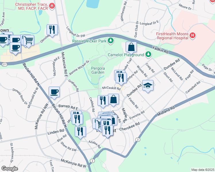 map of restaurants, bars, coffee shops, grocery stores, and more near in Pinehurst