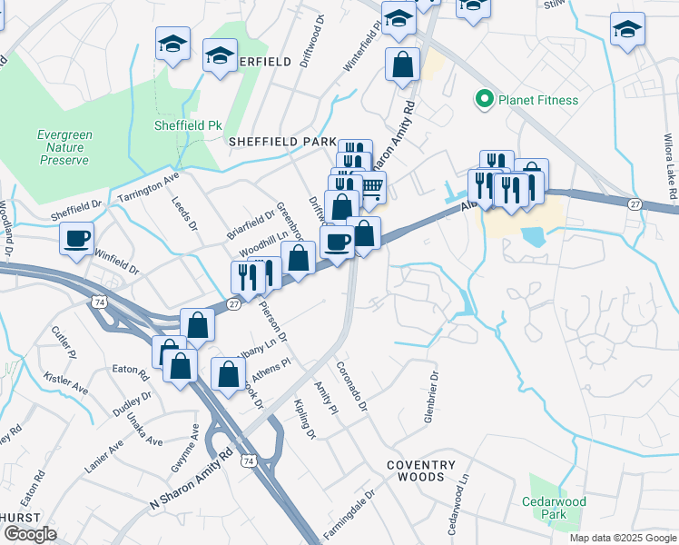 map of restaurants, bars, coffee shops, grocery stores, and more near 3061 North Sharon Amity Road in Charlotte