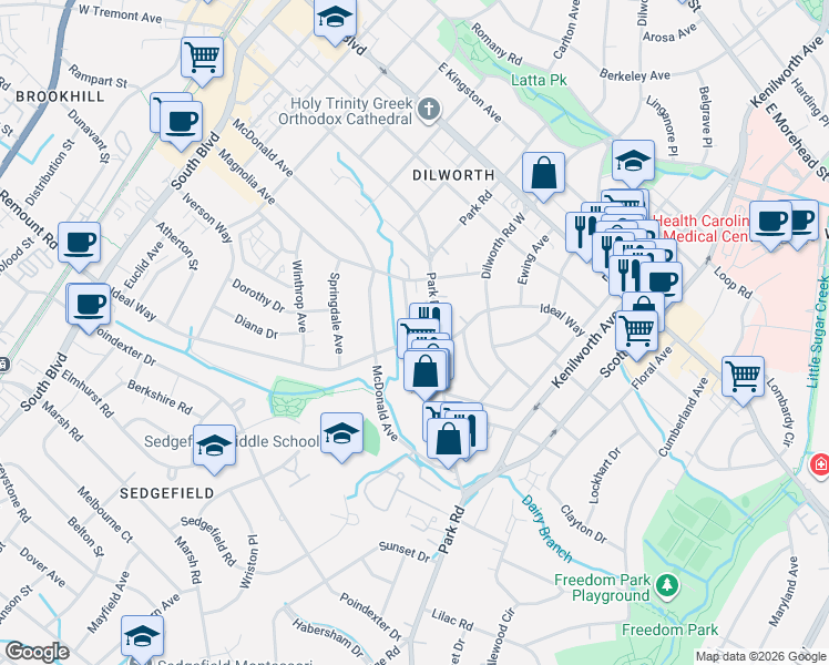 map of restaurants, bars, coffee shops, grocery stores, and more near in Charlotte
