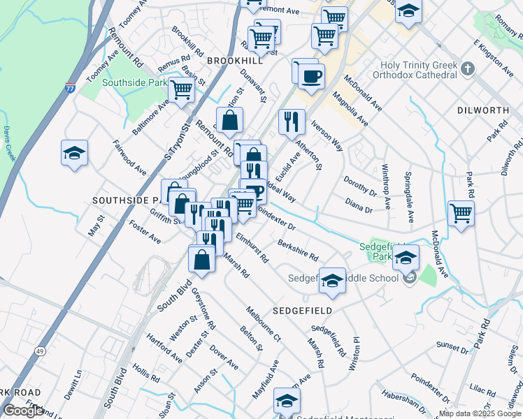 map of restaurants, bars, coffee shops, grocery stores, and more near in Charlotte