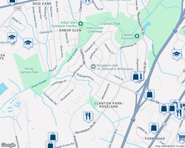 map of restaurants, bars, coffee shops, grocery stores, and more near 1109 Rollingwood Drive in Charlotte