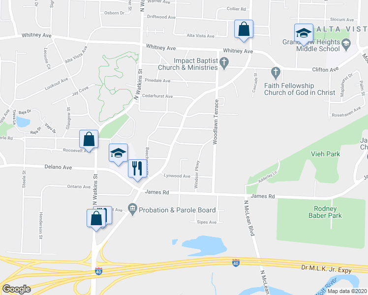 map of restaurants, bars, coffee shops, grocery stores, and more near 1906 Glenn Avenue in Memphis