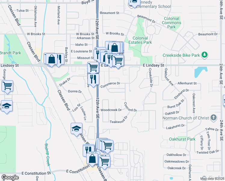map of restaurants, bars, coffee shops, grocery stores, and more near 1300 Eastgate Drive in Norman