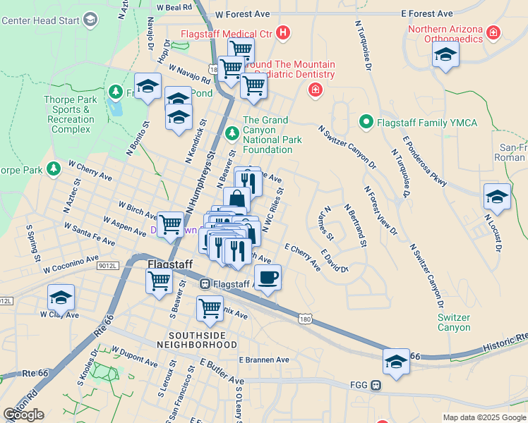 map of restaurants, bars, coffee shops, grocery stores, and more near 202 East Dale Avenue in Flagstaff
