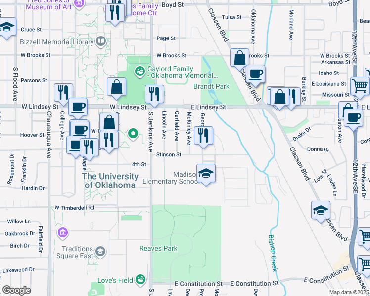 map of restaurants, bars, coffee shops, grocery stores, and more near 1414 McKinley Avenue in Norman
