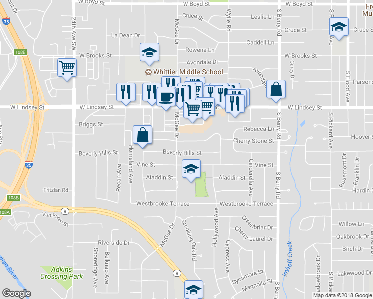 map of restaurants, bars, coffee shops, grocery stores, and more near 1709 Beverly Hills Street in Norman