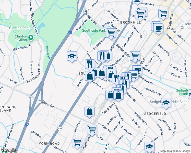 map of restaurants, bars, coffee shops, grocery stores, and more near 3101 Griffith Street in Charlotte