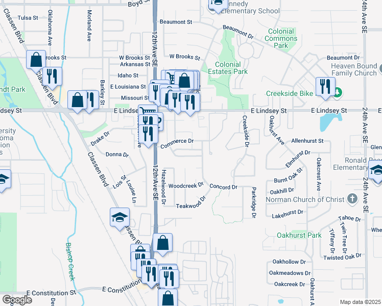 map of restaurants, bars, coffee shops, grocery stores, and more near 1331 Eastgate Drive in Norman