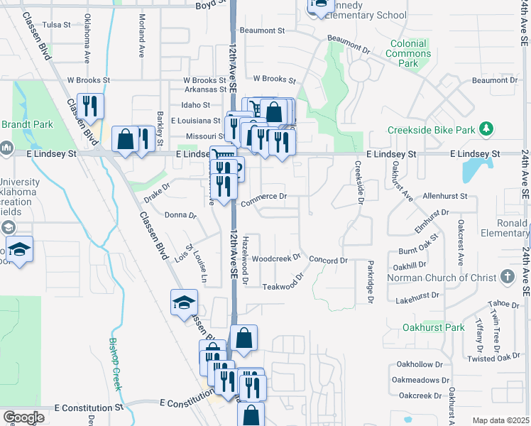 map of restaurants, bars, coffee shops, grocery stores, and more near 1307 Eastgate Drive in Norman