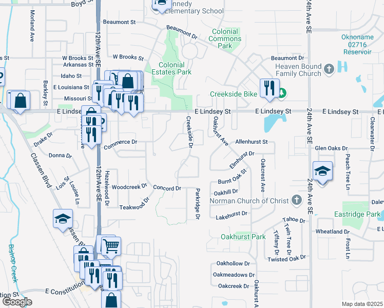 map of restaurants, bars, coffee shops, grocery stores, and more near 1500 Tree Line Drive in Norman