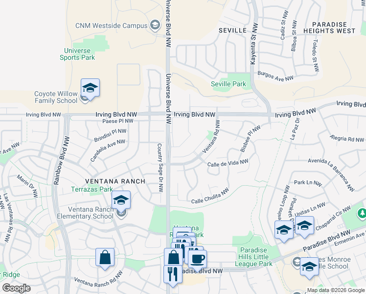 map of restaurants, bars, coffee shops, grocery stores, and more near 10400 Universe Boulevard Northwest in Albuquerque