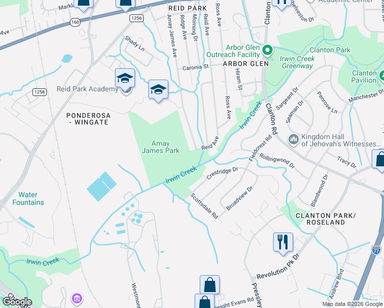 map of restaurants, bars, coffee shops, grocery stores, and more near 3607 Reid Avenue in Charlotte