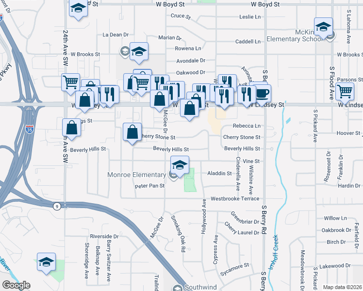 map of restaurants, bars, coffee shops, grocery stores, and more near 1710 Beverly Hills Street in Norman