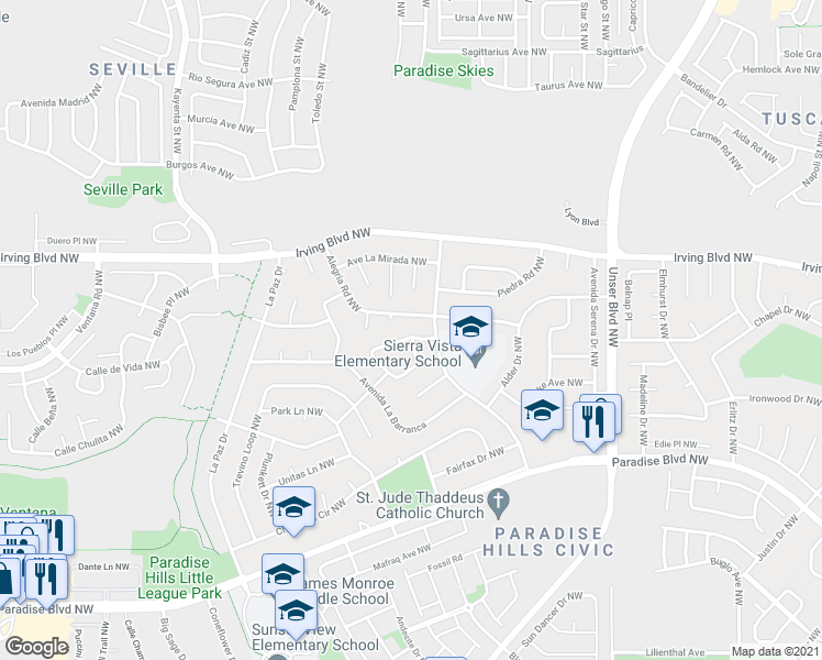 map of restaurants, bars, coffee shops, grocery stores, and more near 5809 Stratford Avenue Northwest in Albuquerque