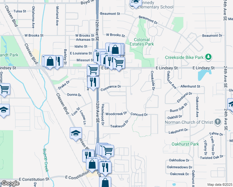 map of restaurants, bars, coffee shops, grocery stores, and more near 1321 Eastgate Drive in Norman