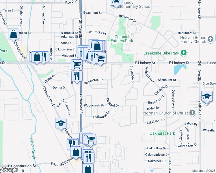 map of restaurants, bars, coffee shops, grocery stores, and more near 1530 East Lindsey Street in Norman