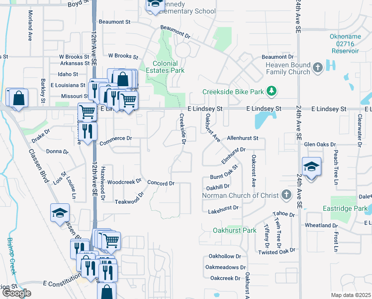 map of restaurants, bars, coffee shops, grocery stores, and more near 1501 Tree Line Drive in Norman