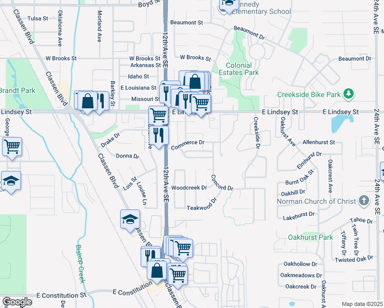map of restaurants, bars, coffee shops, grocery stores, and more near 1300 Eastgate Drive in Norman