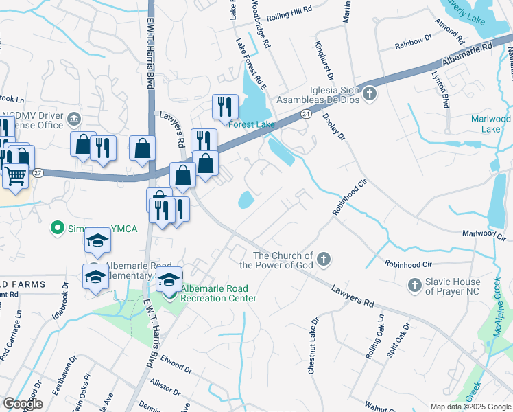 map of restaurants, bars, coffee shops, grocery stores, and more near 5521 Idlewild Road North in Charlotte