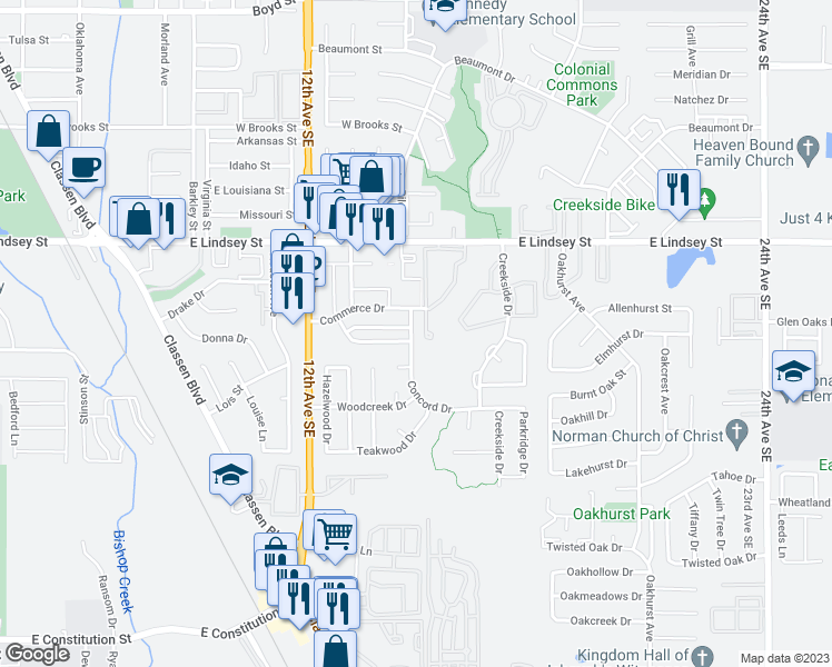 map of restaurants, bars, coffee shops, grocery stores, and more near 1417 Concord Drive in Norman