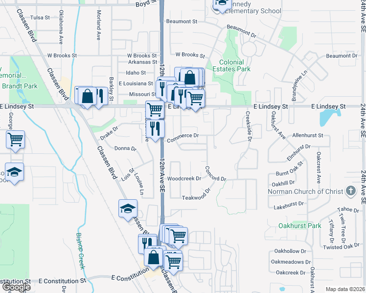 map of restaurants, bars, coffee shops, grocery stores, and more near 1300 Eastgate Drive in Norman