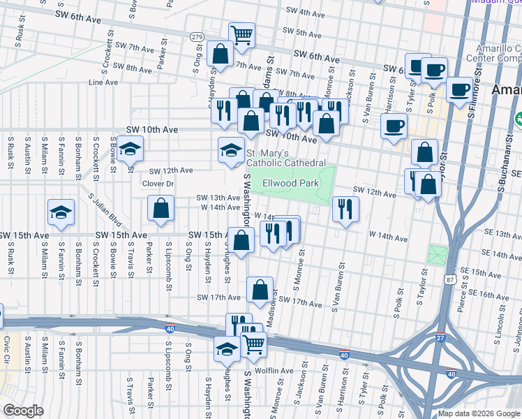 map of restaurants, bars, coffee shops, grocery stores, and more near 715 Southwest 14th Avenue in Amarillo