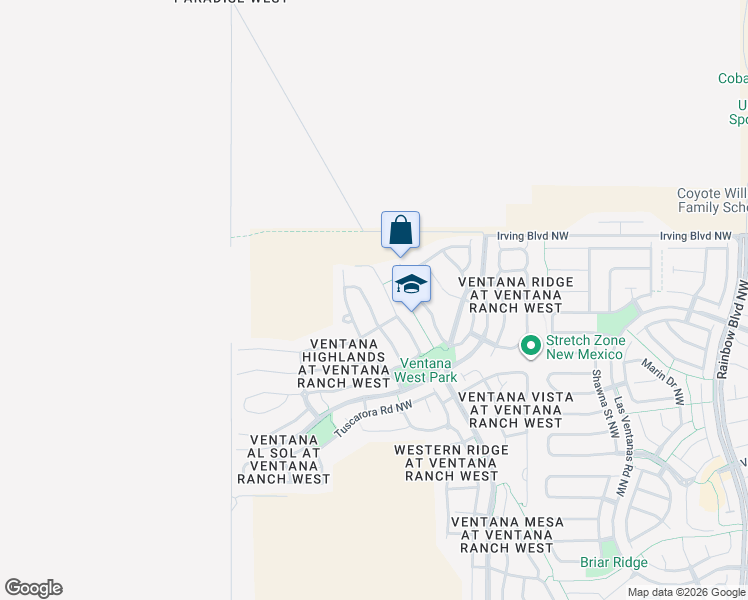map of restaurants, bars, coffee shops, grocery stores, and more near 10500 Bitter Creek Drive Northwest in Albuquerque