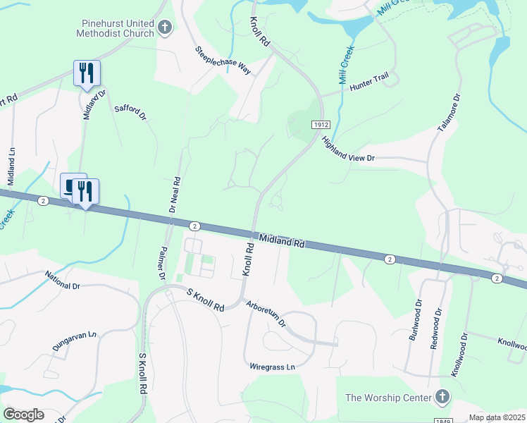 map of restaurants, bars, coffee shops, grocery stores, and more near 340 Magnolia Circle in Southern Pines