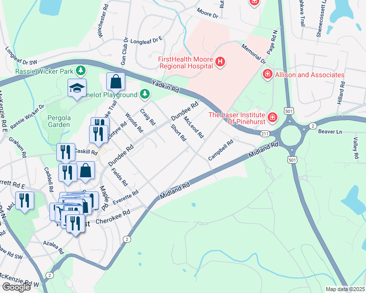 map of restaurants, bars, coffee shops, grocery stores, and more near 295 Everette Road in Pinehurst
