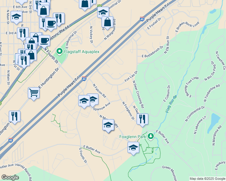 map of restaurants, bars, coffee shops, grocery stores, and more near 3700 East Finch Lane in Flagstaff