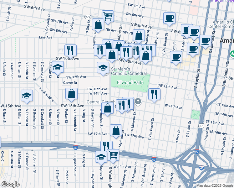 map of restaurants, bars, coffee shops, grocery stores, and more near 715 Southwest 14th Avenue in Amarillo
