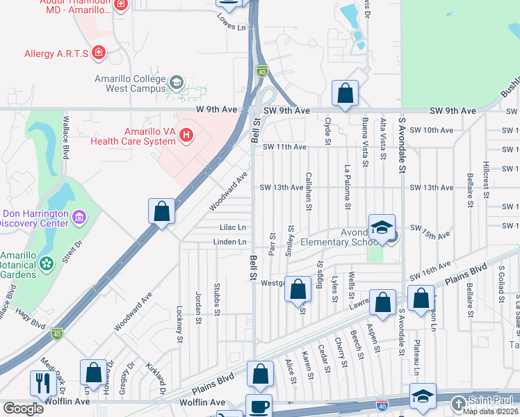 map of restaurants, bars, coffee shops, grocery stores, and more near 6001 Garden Lane in Amarillo