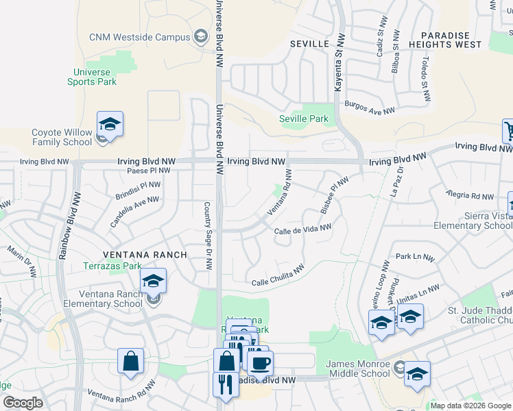 map of restaurants, bars, coffee shops, grocery stores, and more near 6436 Los Pueblos Place Northwest in Albuquerque