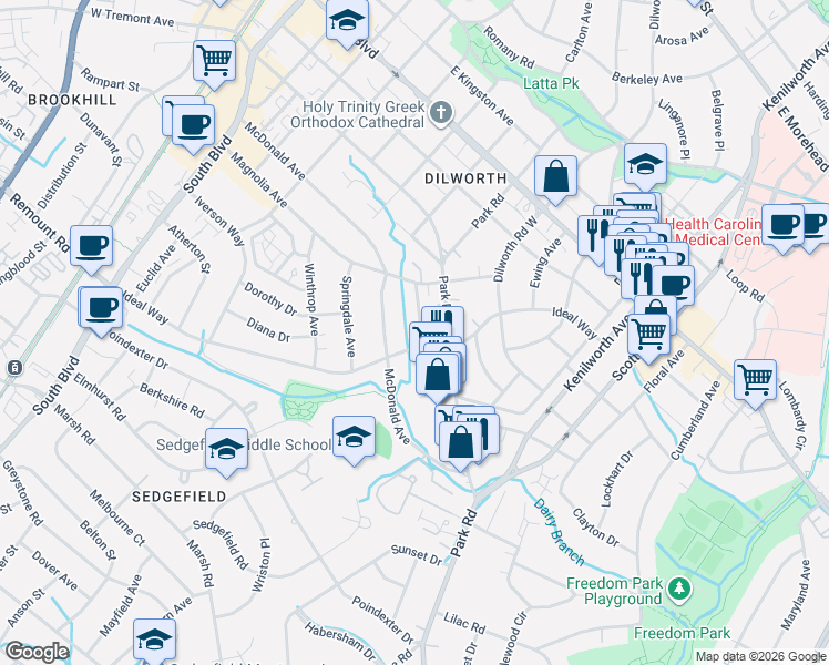 map of restaurants, bars, coffee shops, grocery stores, and more near in Charlotte
