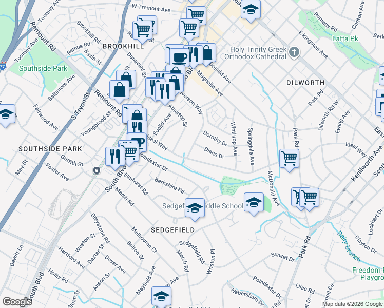 map of restaurants, bars, coffee shops, grocery stores, and more near in Charlotte