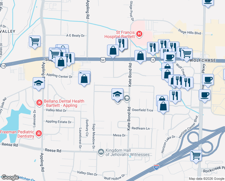 map of restaurants, bars, coffee shops, grocery stores, and more near 7741 Deerfield Trce in Memphis