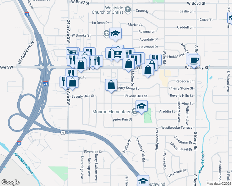 map of restaurants, bars, coffee shops, grocery stores, and more near 1918 Beverly Hills Street in Norman